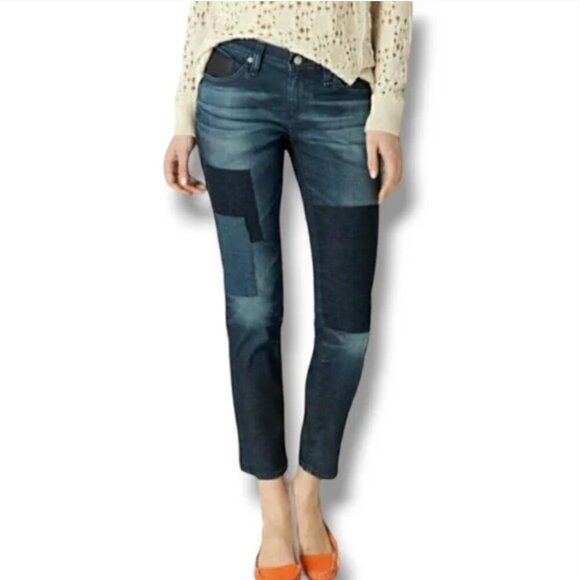 AG Adriano Goldschmied Anthropologie Stevie Ankle Slim Straight Patchwork Jeans - Picture 1 of 9
